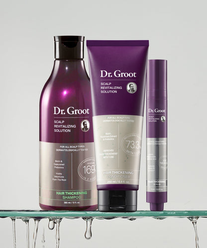 Dr. Groot Thickening Essentials Trio set placed on a shelf , ideal for hair thickening and healthy scalp care