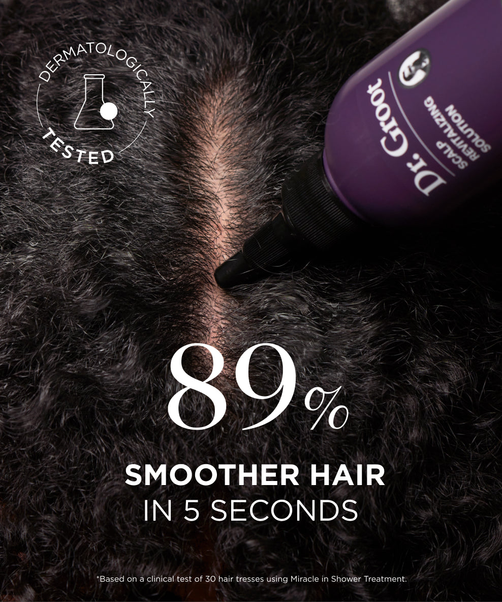 A model applying the Scalp Revitalizing Solution Miracle In-Shower Treatment to damp hair, gently massaging it into the scalp for deep nourishment and hydration.