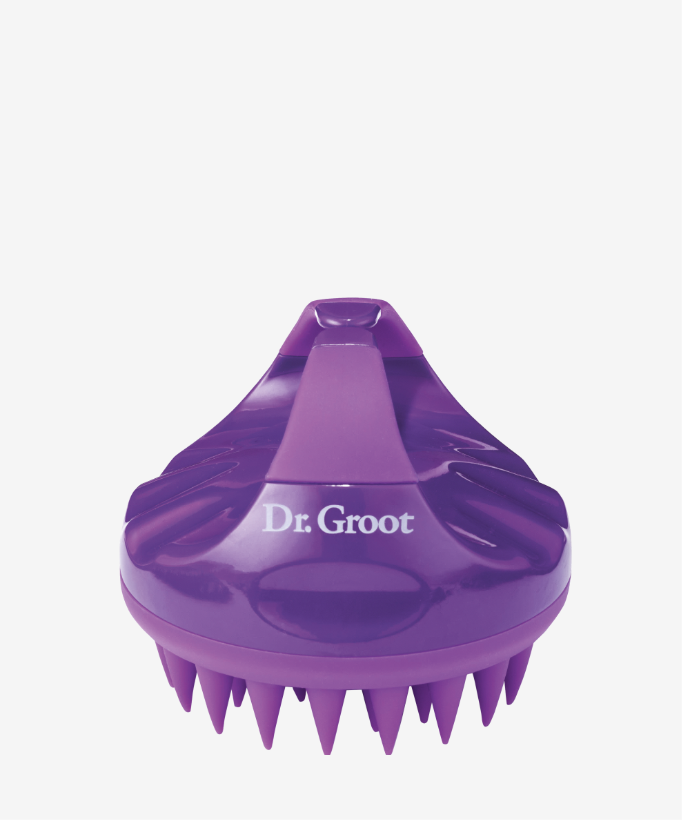 A purple Dr.Groot Premium Scalp Cleansing Brush on a white background
